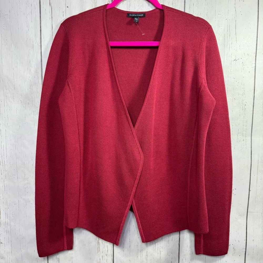 Eileen Fisher Silk Organic Cotton Cardigan SP Red Open Front Minimalist Sweater